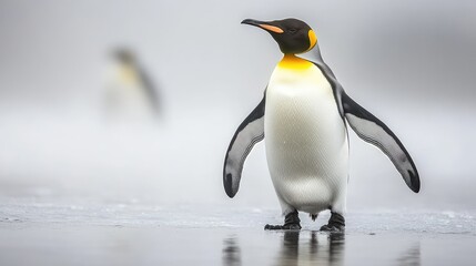 Obraz premium A frozen expanse with distant shapes vanishing into fog, king penguin in focus stepping across icy surface