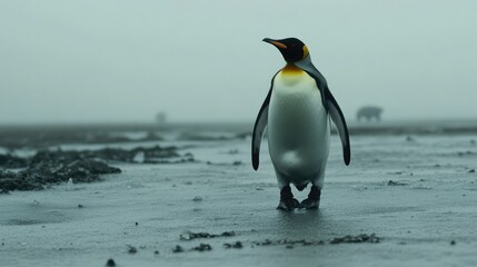 Fototapeta premium A king penguin strides across a frosty tundra, mist swirling around its feet, icy textures forming across the frozen ground