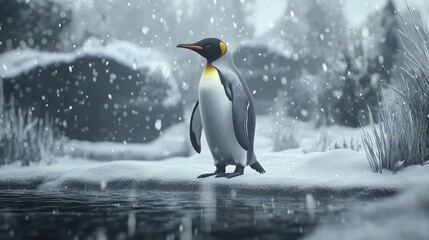 Fototapeta premium A king penguin strides across a frosty tundra, mist swirling around its feet, icy textures forming across the frozen ground