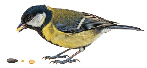 Naklejka premium great tit eating seeds, small colorful bird portrait, isolated on a transparent background