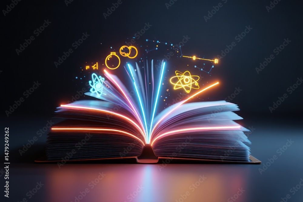 Poster open book with futuristic neon lights and digital learning symbols floating around it.