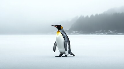 Fototapeta premium A regal king penguin steps forward across a blanketed white field, fog thickening in the distance