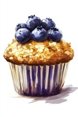 Blueberry Muffin Watercolor Illustration on White Background Delicious Pastry Dessert Sweet Treat