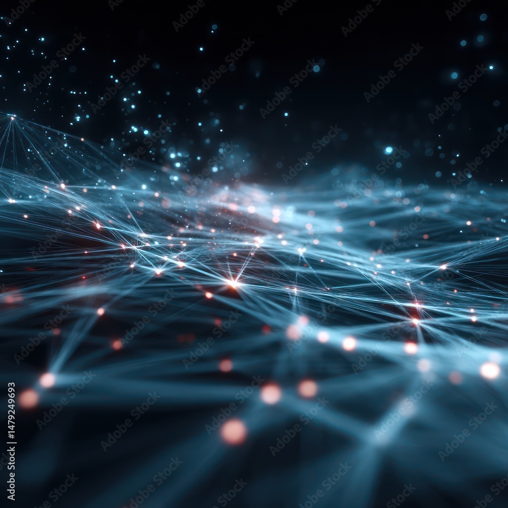 Poster glowing grid connections and particles represent big data in a scientific context.