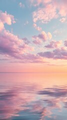 Fototapeta premium Serene Sunset Over Calm Waters with Soft Pink and Purple Clouds Reflecting on the Smooth Surface of the Ocean at Dusk