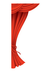 Red curtains realistic. Theater fabric silk decoration for movie cinema or opera hall. Curtains and draperies interior decoration object. Isolated on transparent for theater stage