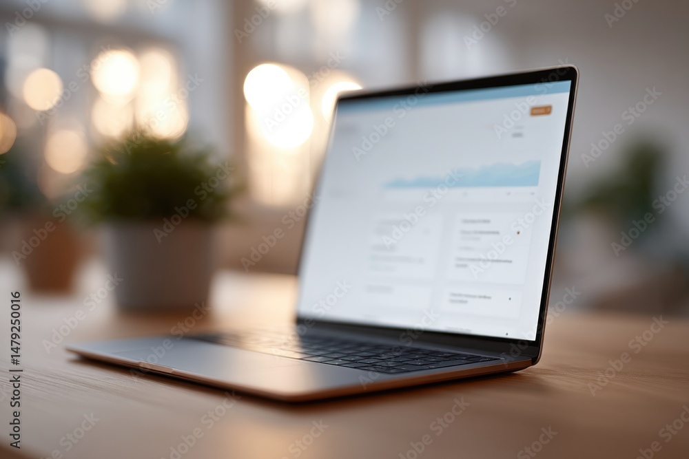 Aufkleber clean desk with open laptop displaying project management dashboard surrounded by minimalistic stati
