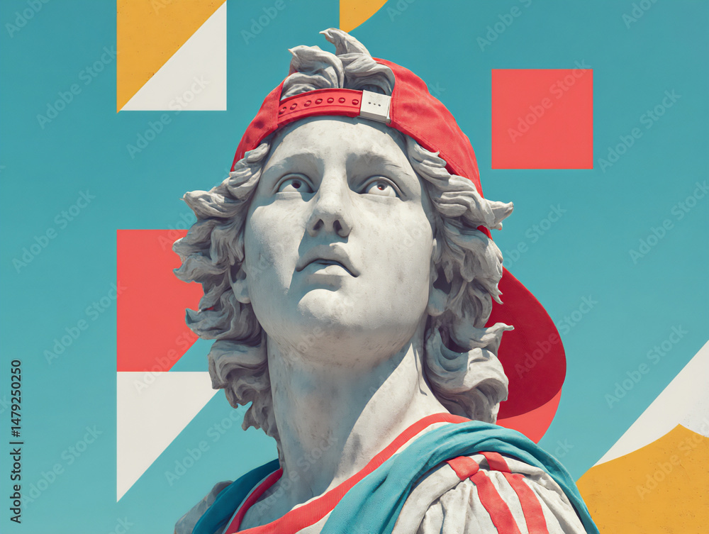 Poster modern pop art style 3d rendering of a white and grey apollo bust wearing a backwards red snapback c