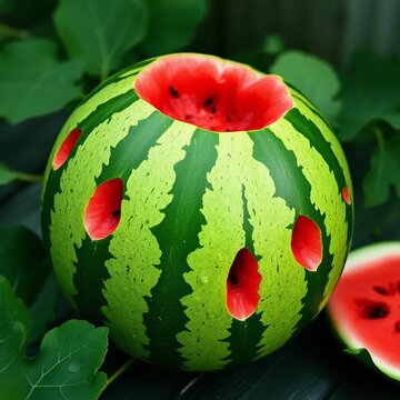 A juicy watermelon is sliced open, revealing its bright red flesh and shiny black seeds. The fruit looks fresh and sweet, with drops of moisture glistening on the surface. Its vibrant color and refres