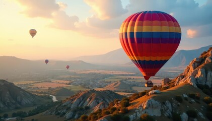 Obraz premium Colorful hot air balloons soaring over scenic landscape, hot air balloon, fiesta, above