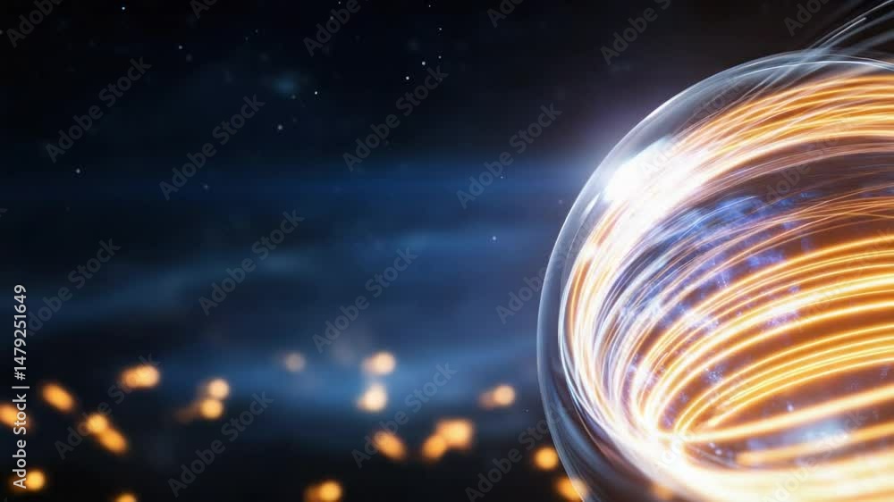 Poster illuminated orbiting sphere: a captivating shot showcasing a transparent sphere with dynamic, glowin