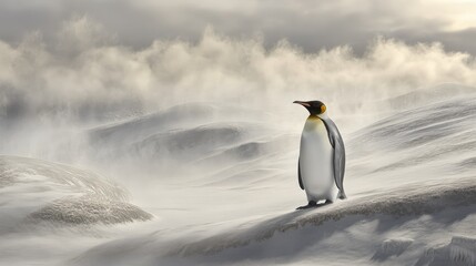 Fototapeta premium Heavy fog blankets an arctic tundra as a solitary king penguin crosses a patchwork of snow and ice