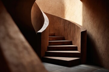 Naklejka premium Wooden Staircase: A Serene, Sculptural Ascent in Warm Light