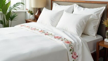 Crisp white linen sheets with embroidered floral border, border, fresh