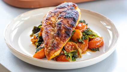 Close-up photo of delicious cooked chicken breast served with spinach and cherry tomatoes. A clean, balanced, and healthy dinner