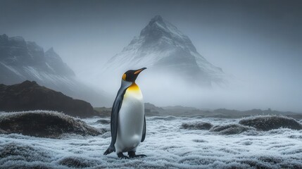 Fototapeta premium King penguin pacing slowly through the quiet white wilderness of a fog-laden icy plain