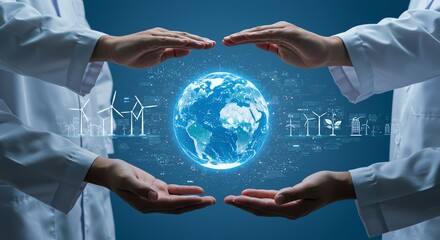 Scientists embrace the future of sustainability, protecting a holographic Earth with green technology and renewable energy solutions