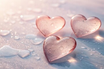 Three Translucent Hearts on a Soft Pastel Surface