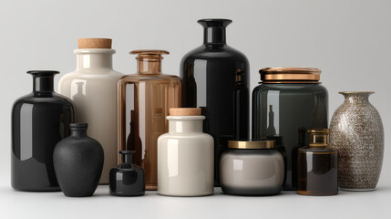 3d realistic vector cream bottles and jars in black. Isolated on white background.