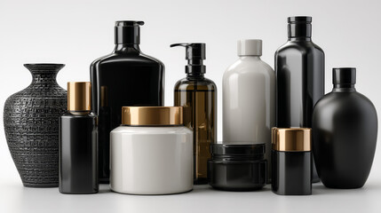 3d realistic vector cream bottles and jars in black. Isolated on white background.