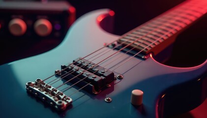Electric guitar close-up, amplifier in background, strings, concert
