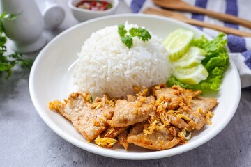Stir fried Garlic pork with rice in white plate