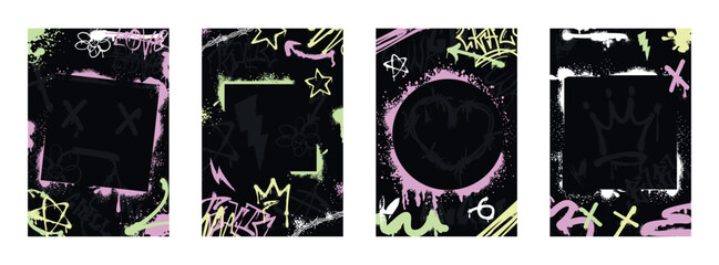 Graffiti posters with spray paint borders, urban elements, inky scribbles. Vector set of grunge cover design with abstract street art tags, stencil frames with ink drips, splatters on black background © redgreystock