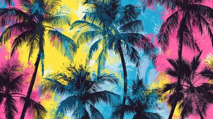 Vibrant palm trees against a colorful, abstract background