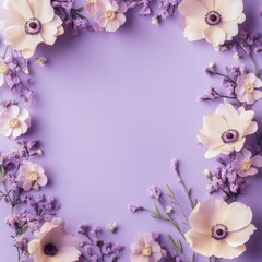 Soft pastel color floral 3d illustration on violet background. Purple Lilac flowers and petals watercolor style vector illustration template with place for text