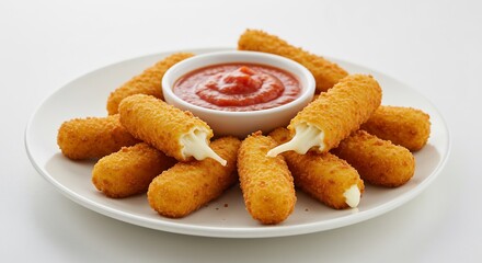 Golden fried mozzarella sticks gleam under bright studio lighting served with vibrant marinara sauce.. AI Generated