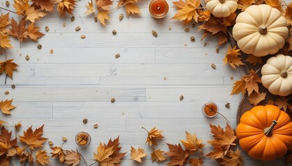 Autumn flat lay with dried leaves, pumpkins, candles
