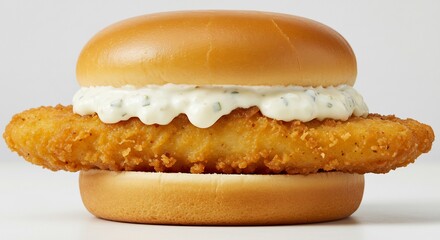 Crispy fried fish sandwich boasts creamy tartar sauce soft bun.. AI Generated