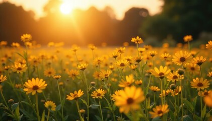 Fototapeta premium Golden hour sunlight streams across a field of wildflowers , color, bright sunlight, field