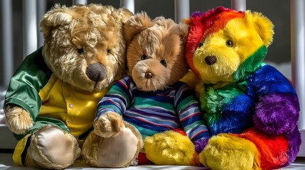 Three Colorful Plush Bears Sitting Together in a Bright Room with Soft Lighting