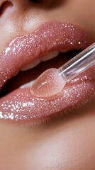 Fototapeta premium Close-Up of Glossy Sparkling Lips with Dropper for Beauty Application