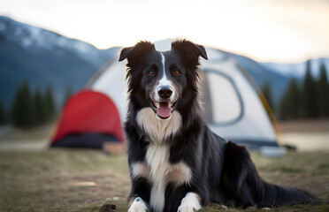 Portrait of beautiful Australian Shepherd dog in front of camping tent in mountain forest. Journey, vacation, walking with a pet 