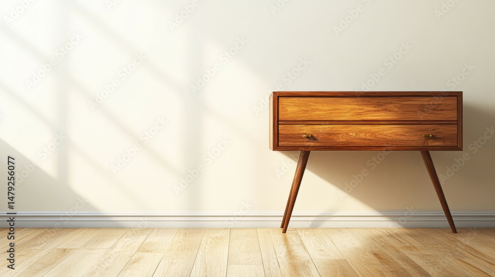 Poster an empty modern minimal dressing table is set against a cream wall in a bedroom flooded with sunligh