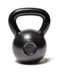Fototapeta premium Black kettlebell 12kg, coated steel for strength training and conditioning, isolated on white background.