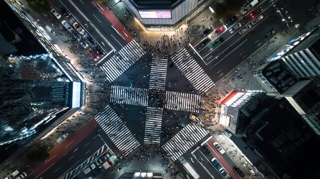 交差点、群衆、都市、空撮、ドローン、都市風景、通勤、混雑、街