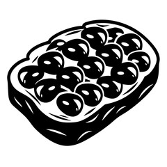Stylized monochrome depiction of a bread slice topped with dark spherical objects