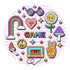 Set of retro pictures from the 70s. Vector illustration in pixel style