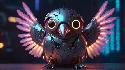 A stunning robotic owl with glowing orange eyes and vibrant pink wings spreads its wings in a neon-lit cyberpunk cityscape. Perfect for futuristic designs.