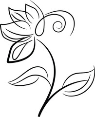 Elegant Black Line Art Flower with Leaves and Swirl Design Element