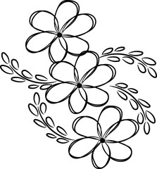 Elegant Black and White Floral Design Three Flowers with Leaves Hand Drawn Illustration
