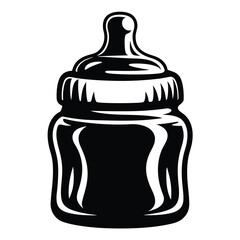 Monochrome illustration of a baby bottle with nipple and fluid chamber
