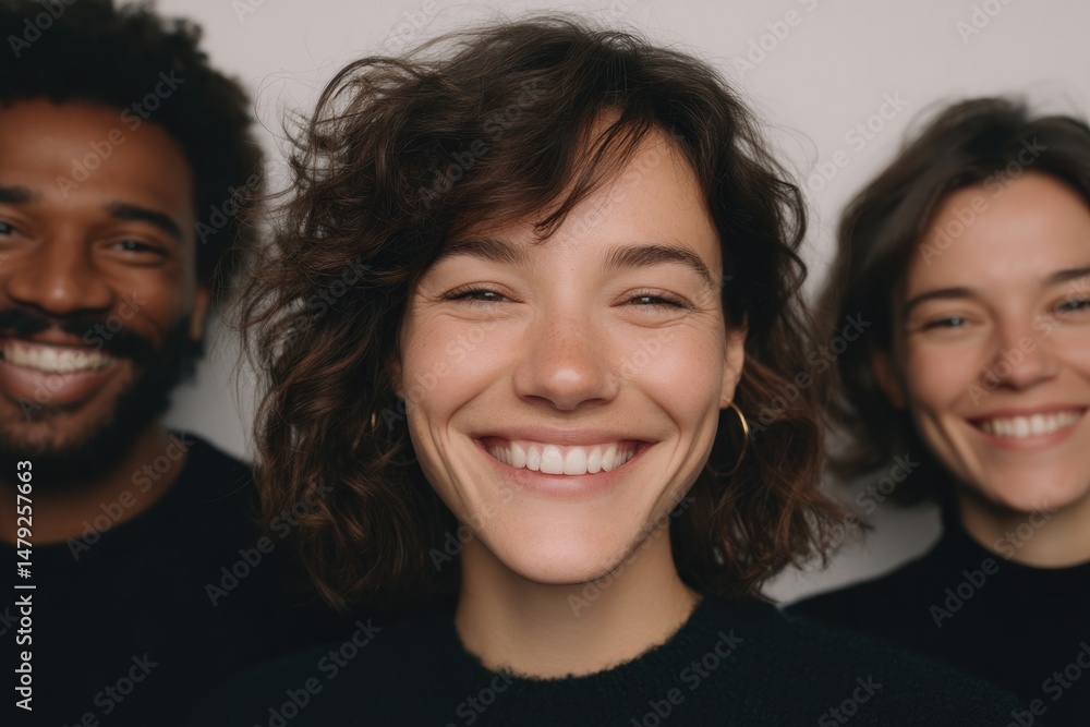Poster close-up of friends laughing together in minimalistic environment with ample copy space