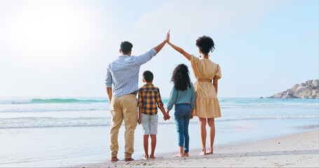 Bonding, parents and hands together on holiday, beach and protection for children with cover and roof. Outdoor, woman and man with travel insurance, safety and view for family on vacation or back