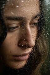 Rainy Day Contemplation: A Woman's Face Behind a Wet Window Pane
