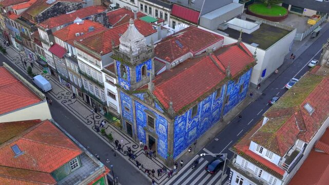 Chapel of souls, Capela das Almas de Santa Catarina Church, Aerial Shot of azulejos Tiles on the wall in Porto, Portugal