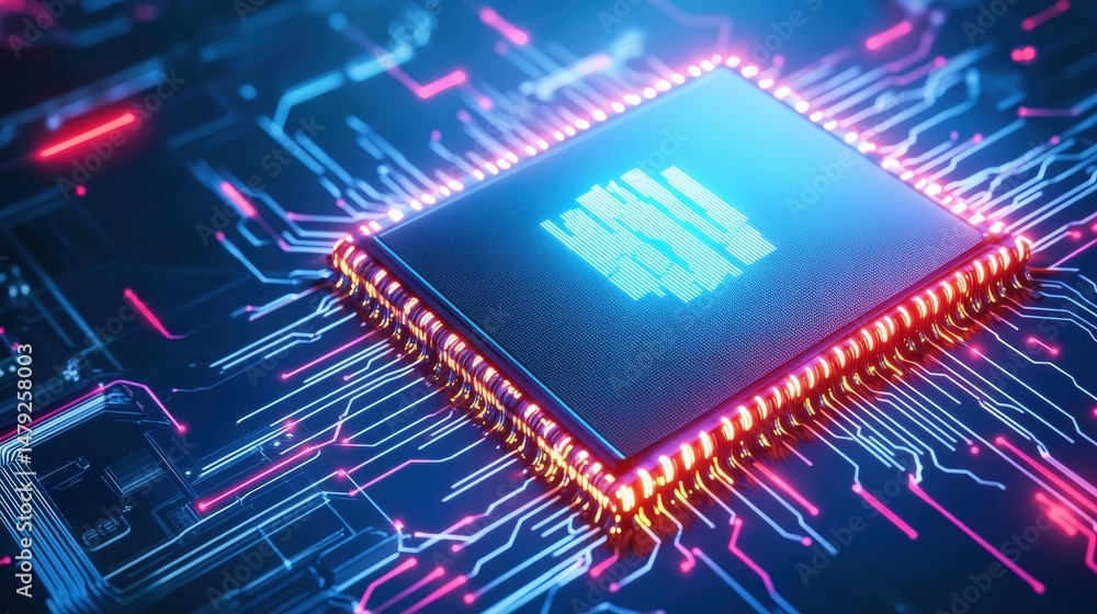 Poster highly detailed close-up of a modern central processing unit cpu with glowing electronic circuits an